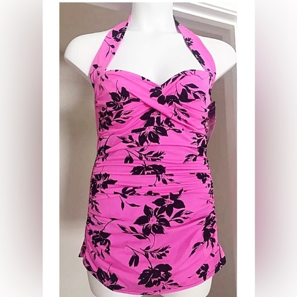 SLIMSHAPER Pink Black 1 Piece Halter Sheered Front control panel Size 16 - Picture 1 of 11